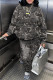 Dark Gray Street Print Patchwork Pocket Hooded Collar Long Sleeve Two Pieces