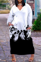 White Black Casual Print Patchwork V Neck Long Sleeve Dresses