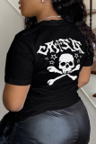 White Casual Print Skull Patchwork O Neck T-Shirts