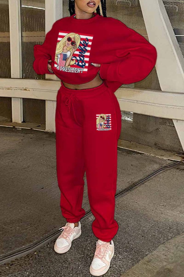 Red Casual Character Print Letter O Neck Long Sleeve Two Pieces