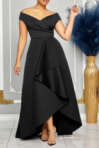 Black Daily Celebrities Elegant Patchwork Flounce Solid Color V Neck Asymmetrical Dresses