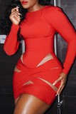 Red Casual Solid Hollowed Out O Neck Long Sleeve Dresses