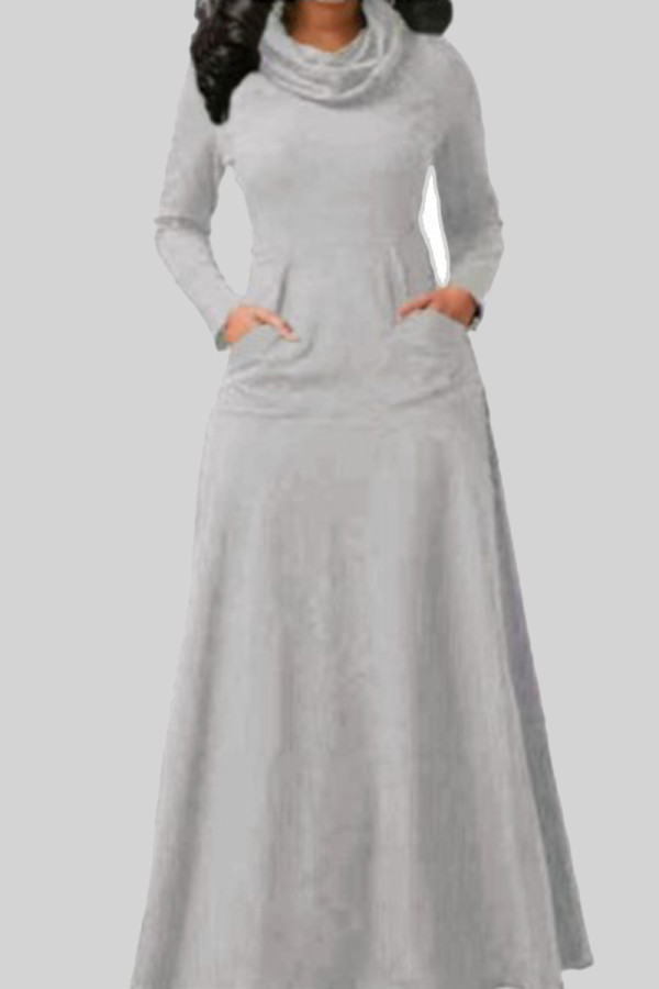 Light Gray Casual Solid Patchwork Pocket O Neck A Line Dresses