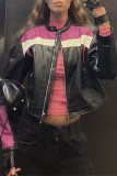 Rose Red Casual Patchwork Contrast Mandarin Collar Outerwear