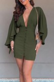 Apricot Casual Solid Patchwork V Neck Long Sleeve Dresses