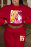 Red Casual Character Print Letter O Neck Long Sleeve Two Pieces