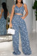 The cowboy blue Celebrities Print Patchwork Pocket Buttons Zipper Spaghetti Strap Sleeveless Two Pieces