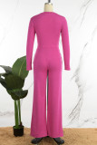 Rose Red Casual Solid Basic O Neck Long Sleeve Two Pieces