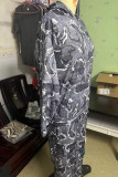 Dark Gray Street Print Patchwork Pocket Hooded Collar Long Sleeve Two Pieces