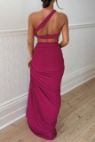 Rose Red Sexy Solid Backless Slit Oblique Collar Sleeveless Two Pieces