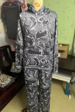 Dark Gray Street Print Patchwork Pocket Hooded Collar Long Sleeve Two Pieces