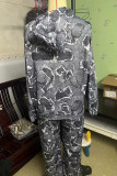 Dark Gray Street Print Patchwork Pocket Hooded Collar Long Sleeve Two Pieces