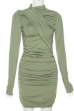 Green Casual Solid Fold Half A Turtleneck Long Sleeve Dresses