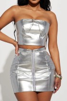 Silver Sexy Solid Patchwork Backless Strapless Sleeveless Two Pieces