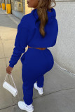 Blue Casual Solid Hollowed Out Hooded Collar Long Sleeve Three Piece Set