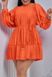 Tangerine Red Elegant Solid Bandage Patchwork Pleated O Neck A Line Dresses