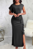 Rose Red Sexy Solid Patchwork Flounce Slit O Neck Long Dress Dresses