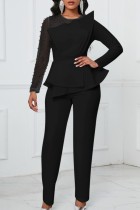 Black Casual Solid Patchwork Beading O Neck Regular Jumpsuits