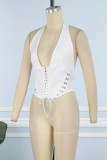 White Sexy Casual Solid Frenulum Backless Halter Tops