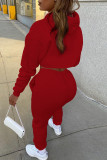 Red Casual Solid Hollowed Out Hooded Collar Long Sleeve Three Piece Set