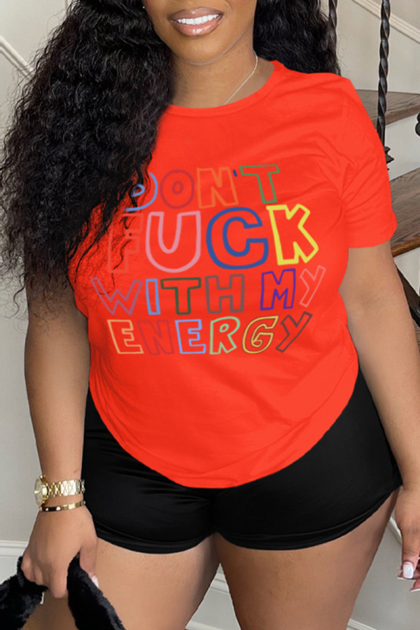 Orange Daily Print Letter O Neck T-Shirts