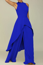 Blue Elegant Solid Patchwork Pleated Halter Long Sleeve Two Pieces