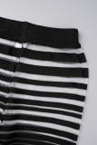 Black Casual Striped Patchwork See-through Skinny High Waist Conventional Patchwork Trousers