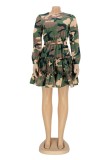 Blue Casual Camouflage Print Patchwork O Neck Long Sleeve Dresses