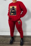 Red Casual Print Basic O Neck Long Sleeve Two Pieces