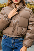 Coffee Casual Solid Patchwork Mandarin Collar Outerwear