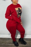 Red Casual Print Basic O Neck Long Sleeve Two Pieces