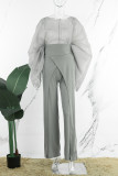 Grey Casual Solid See-through O Neck Two Pieces