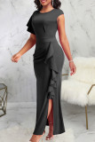 Rose Red Sexy Solid Patchwork Flounce Slit O Neck Long Dress Dresses