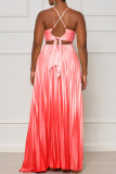 Pink Elegant Gradual Change Patchwork Spaghetti Strap Printed Dress Dresses