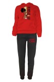 Red Black Casual Print Basic Hooded Collar Long Sleeve Two Pieces