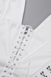 White Sexy Casual Solid Frenulum Backless Halter Tops