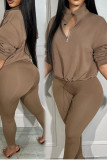 Dark Brown Casual Street Solid Patchwork Draw String Zipper O Neck Long Sleeve Two Pieces