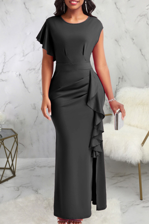 Black Sexy Solid Patchwork Flounce Slit O Neck Long Dress Dresses