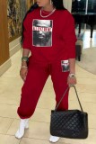Red Casual Print Basic O Neck Long Sleeve Two Pieces