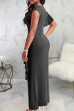 Rose Red Sexy Solid Patchwork Flounce Slit O Neck Long Dress Dresses