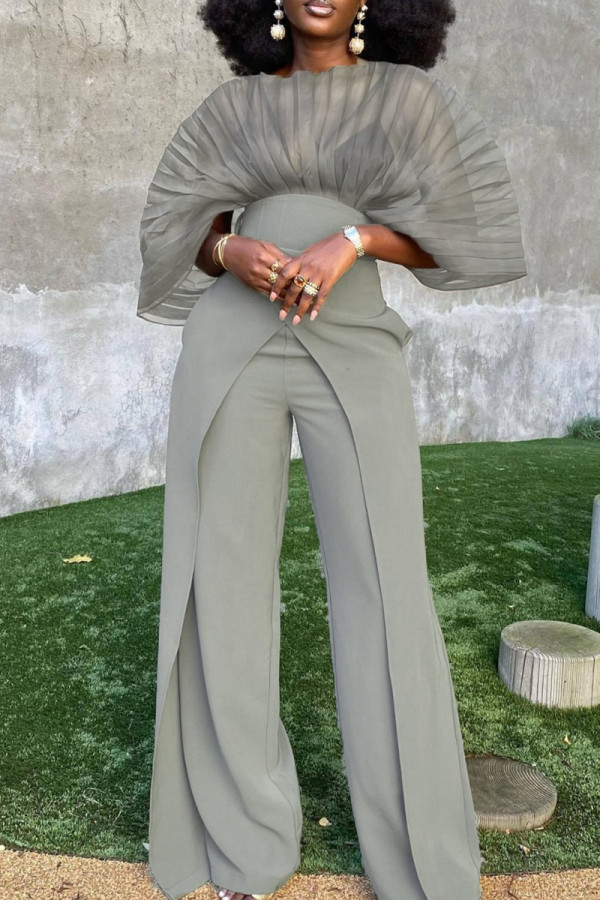 Grey Casual Solid See-through O Neck Two Pieces