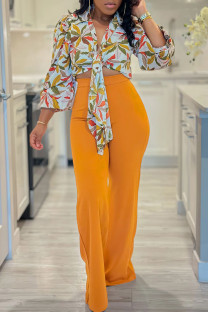 Yellow Elegant Floral Bandage Patchwork V Neck Long Sleeve Two Pieces