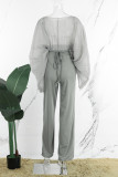 Grey Casual Solid See-through O Neck Two Pieces