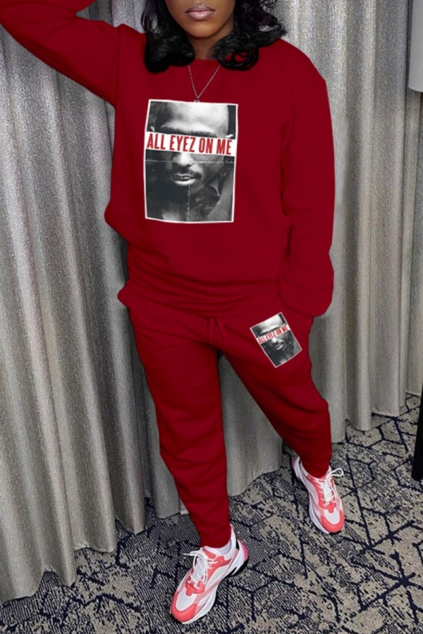 Red Casual Print Basic O Neck Long Sleeve Two Pieces