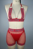Red Sexy Living Letter Print Patchwork Chains Backless Lingerie