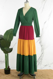 Multicolor Casual Patchwork Contrast V Neck Long Dress Dresses