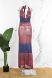 Brick Red Street Print Bandage Patchwork Halter Printed Dress Dresses