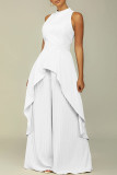 White Elegant Solid Patchwork Pleated Halter Long Sleeve Two Pieces