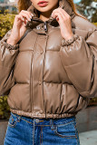 Coffee Casual Solid Patchwork Mandarin Collar Outerwear