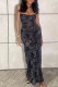 Black Sexy Print Backless Spaghetti Strap Long Dress Dresses